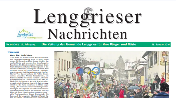 Deckblatt der Lenggrieser Nachrichten (LENA) Ausgabe 01/2016 vom 28.01.2016.