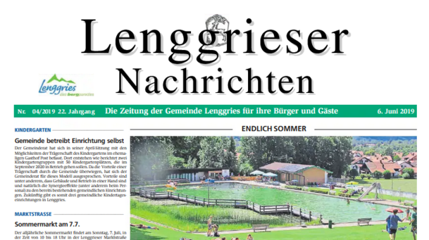 Deckblatt der Lenggrieser Nachrichten (LENA) Ausgabe 04/2019 vom 06.06.2019.