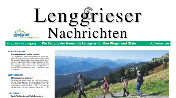 Deckblatt der Lenggrieser Nachrichten (LENA) Ausgabe 07/2015 vom 29.10.2015.