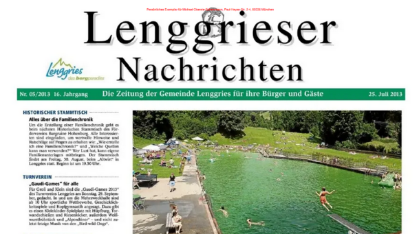 Deckblatt der Lenggrieser Nachrichten (LENA) Ausgabe 05/2013 vom 25.07.2013.