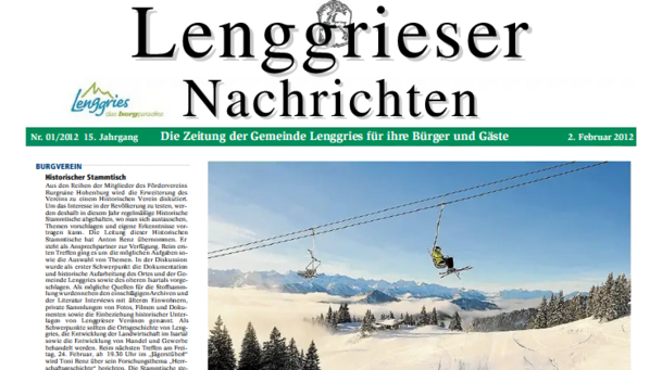Deckblatt der Lenggrieser Nachrichten (LENA) Ausgabe 01/2012 vom 02.02.2012.