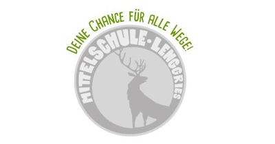 Logo Mittelschule Lenggries. Es befindet sich ein hellgrüner Schriftzug "DEINE CHANCE FÜR ALLE WEGE!" über dem Logo. Das Logo ist rund und beinhaltet einen weißen Schriftzug "MITTELSCHULE LENGGRIES". Außerdem befindet sich im Logo eine graue Silhouette eines Hirschs.