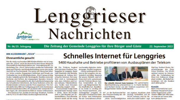 Deckblatt der Lenggrieser Nachrichten (LENA) Ausgabe 06/2022 vom 22.09.2022.