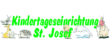 Das Logo der Kindertageseinrichtung St. Josef. Abgebildet sind alle Gruppen-Tiere (z. B. gemalte Ameise, Hase, Igel, etc.) und der Schriftzug "Kindertageseinrichtung St. Josef" in hellgrüner Farbe. 