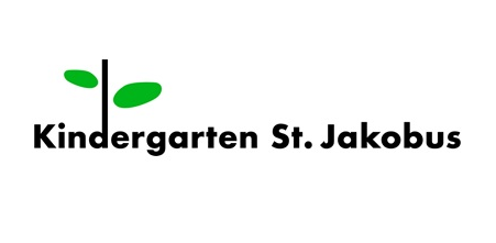 Das Logo des Kindergarten St. Jakobus. Abgebildet ist der Schriftzug "Kindergarten St. Jakobus", wobei das "d" in Kindergarten in Verlängerung einen Baumstamm bildet, woran zwei hellgrüne Blätter hängen. 