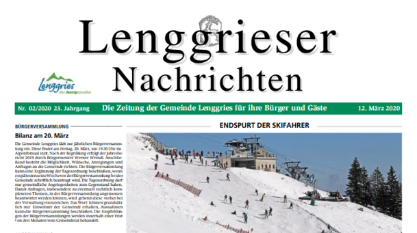 Deckblatt der Lenggrieser Nachrichten (LENA) Ausgabe 02/2020 vom 12.03.2020.