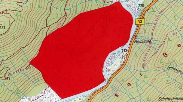 Abgebildet ist eine Übersichtskarte über den Bereich der Wildfütterung Isarauen im Eigenjagdrevier Rauchenberg. Der Bereich der Wildfütterung ist rot gekennzeichnet und bildet dort das Betretungsverbot ab.